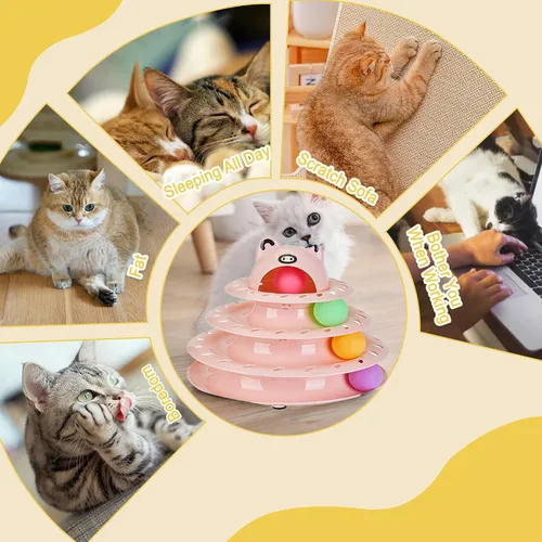 Miniatura 5 de Gefryco Cat Toys - Pista de rodillos de 4 niveles, juguete de torre giratoria para gatos con pelotas de persecución coloridas, juguetes interactivos