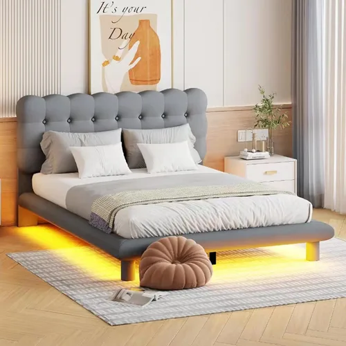 Miniatura 16 de Cama de plataforma flotante, marco de cama de madera tamaño individual con rayas claras, tela de lino suave y cabecera de diseño capitoné
