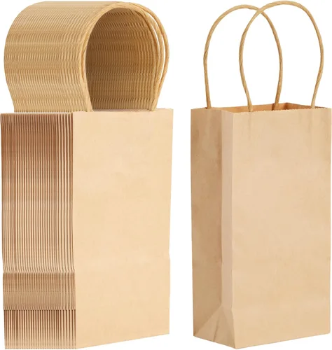 Juvale Mini bolsas de regalo marrones con asas, paquete de 50, 3.5 x 2.4 x 7 pulgadas, mini bolsas de papel para minoristas, recuerdos de fiesta y