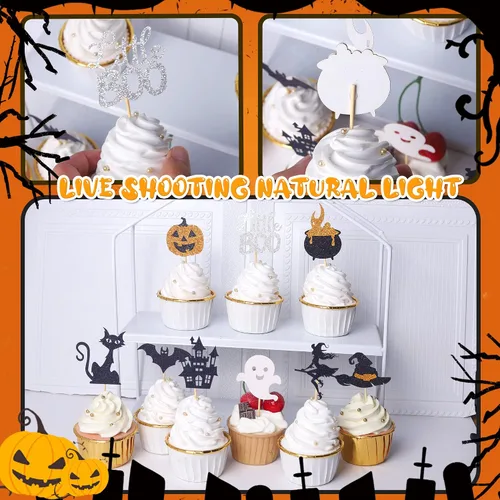 Miniatura 2 de Rsstarxi Paquete de 36 adornos para cupcakes de Halloween, murciélagos con purpurina, palitos de calabaza y calabazas, sombrero de bruja