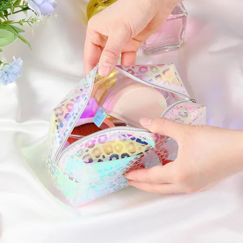 Miniatura 7 de Boao 2 bolsas de maquillaje holográficas iridiscentes transparentes con purpurina, bolsa de cosméticos de viaje, bolsa de aseo con cremallera