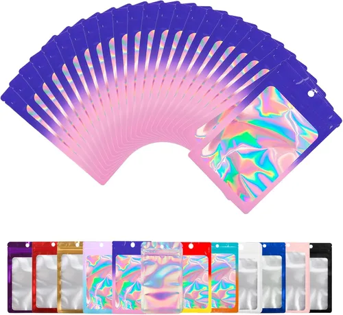 Miniatura 8 de Paquete de 100 bolsas de Mylar con ventana transparente, bolsas de almacenamiento de alimentos, a prueba de olores, embalaje de mano resistente a