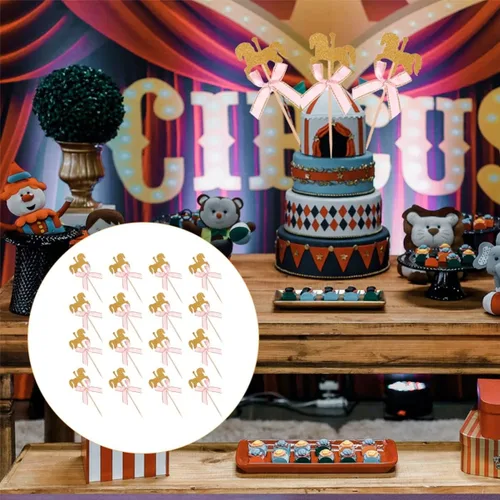 Miniatura 6 de Amosfun 50 piezas de carrusel de caballos de 4.72 x 1.77 pulgadas, decoración de madera para pasteles de cumpleaños, decoración de cupcakes