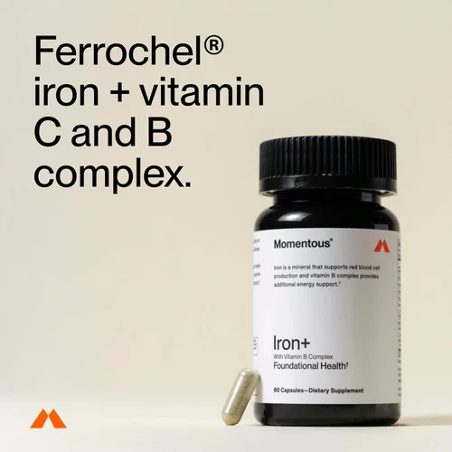 Miniatura 3 de Momentous Iron+ con vitamina C y complejo de vitamina B, cápsulas de hierro Ferrochel para apoyo fundamental de la salud, certificado NSF