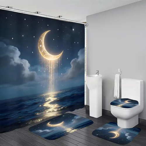 Miniatura 15 de LQCOOL Juego de 4 piezas de cortina de ducha azul con cubos 3D, juegos de baño, juego de cortina de ducha moderna para juegos de baño con alfombras