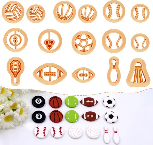 Puocaon Cortadores de arcilla polimérica deportiva, 16 piezas para hacer joyas, fútbol, béisbol, baloncesto, tenis, voleibol, aretes