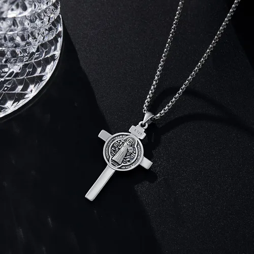 Miniatura 5 de ADMETUS Collar de plata de ley 925 con diseño de santo patrón, collar de amuleto, joyería de cruz para hombre con cadena Rolo de 0.098 in, 22