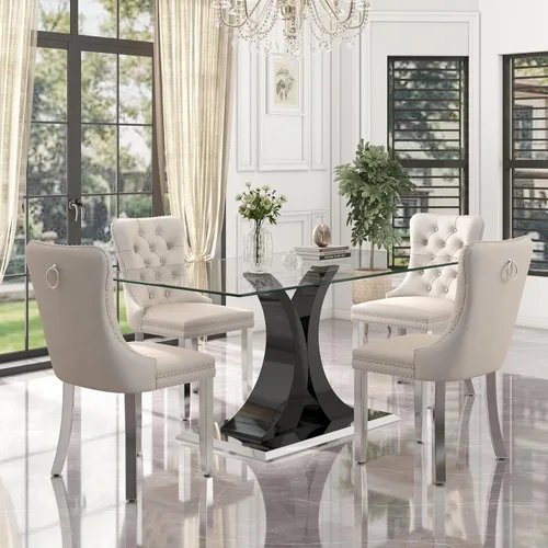 Miniatura 20 de Moderno juego de comedor de cristal de lujo para 6, 63 pulgadas, juego de vajilla rectangular minimalista grande para 6, juego de mesa de cocina