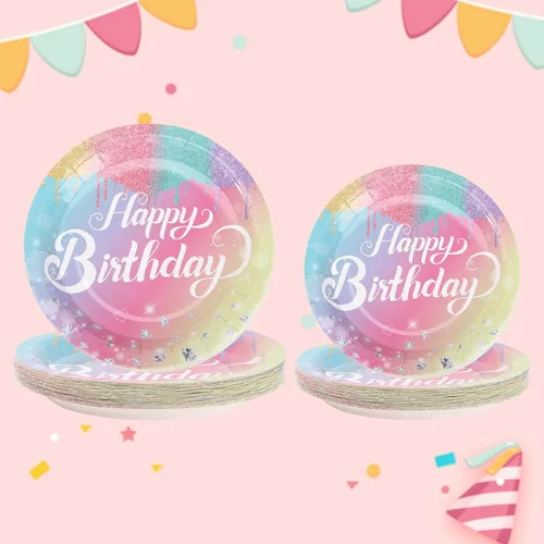 Miniatura 5 de Juegos de Platos y Servilletas de Cumpleaños Arcoíris, Suministros para Fiestas de Cumpleaños Rosa, Platos de Diamante con Purpurina