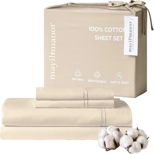 Miniatura 27 de Sábanas de Cama de Algodón 100% Natural Juego de Sábanas Cal King de Tejido Satén de Una Sola Capa 500 TC Ropa de Cama Sólida Transpirable e