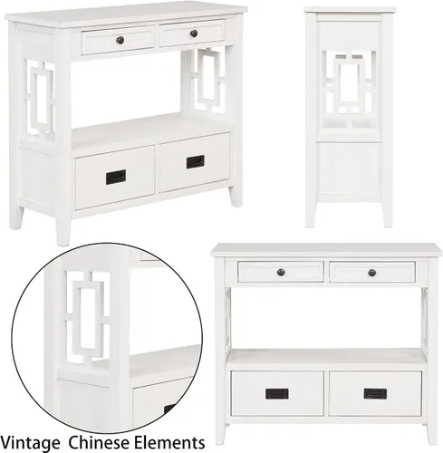 Miniatura 6 de Mesa consola blanca envejecida con 4 cajones y estantes, armario de cocina vintage de madera para almacenamiento, pasillo, vestíbulo con estantes
