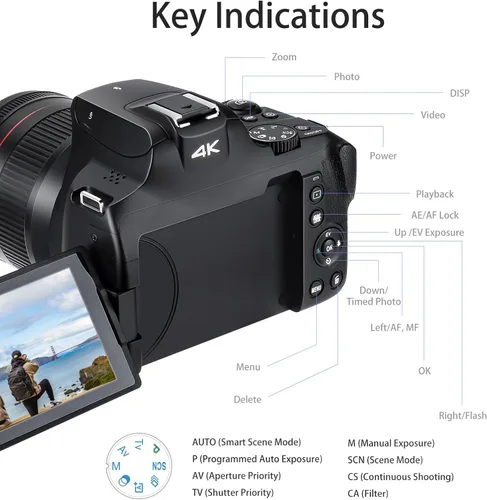 Miniatura 7 de Cámara digital 4K para fotografía y video, cámara de zoom óptico 12X con pantalla abatible, pantalla táctil WiFi de 64 MP con flash, tarjeta de 64