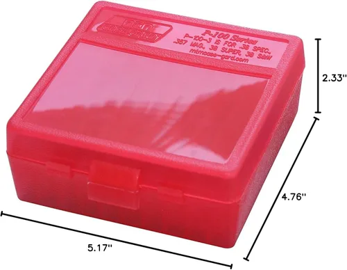 Miniatura 6 de MTM caja para 100 municiones redondas con tapa plegable para pistolas de calibre 38/357 Transparente Rojo