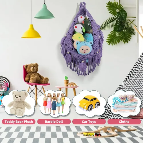 Miniatura 8 de Hamaca para Animales de Peluche de Esquina - 142 cm Jumbo Hecha a Mano de 5mm de Doble Cordón de Macramé para Almacenamiento de Animales de Peluche