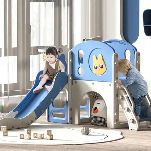 Miniatura 8 de NYEEKOY Juego de tobogán y escalador 8 en 1 para niños pequeños, parque infantil con escaleras, túnel, telescopio, almacenamiento, aro de baloncesto