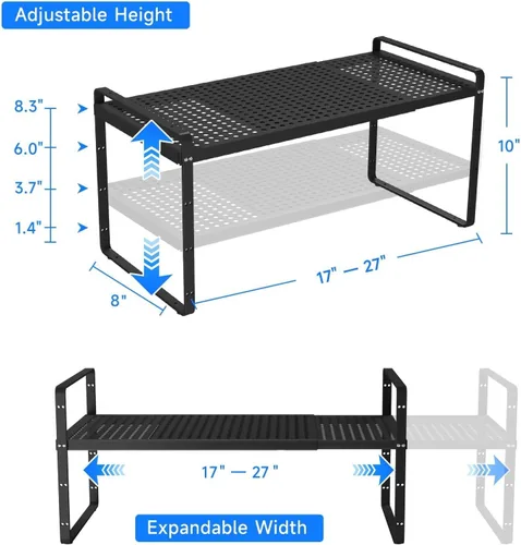 Miniatura 2 de Organizador de estantes de cocina expandibles, organizador de gabinete de cocina, organizador de estante para encimera, despensa, estante de Negro