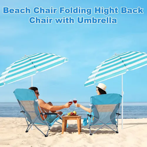 Miniatura 7 de Huwena Paquete de 2 sillas de playa con paraguas para adultos, juego de sillas plegables bajas, paraguas desmontable ajustable, ligero portátil