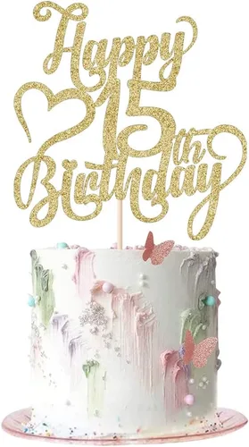Decoración para tarta de cumpleaños número 15 con purpurina dorada – 15 aniversario/cumpleaños – Hello 15, Cheers to 15 años, 15 & Fabulous Cake