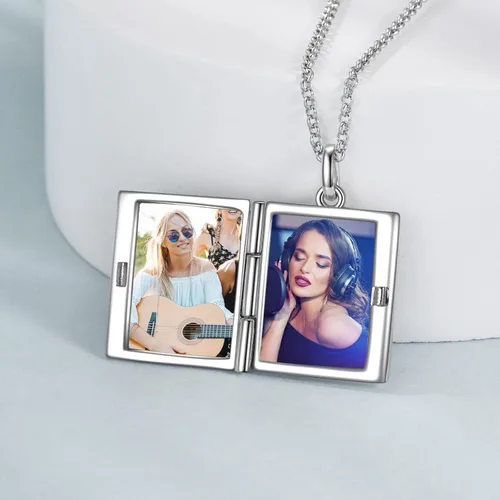 Miniatura 3 de Collar con medallón de fotos de plata de ley 925 con diseño de libro que sostiene fotos, regalos de cumpleaños para mujeres y madres