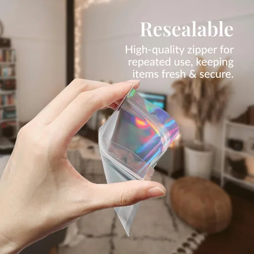 Miniatura 4 de Prestee Bolsas pequeñas de Mylar de 3 x 4 – 100 piezas holográficas resellables para almacenamiento de alimentos, a prueba de olores, ideales