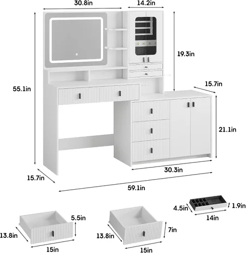 Miniatura 9 de Vabches Escritorio grande de tocador de 59 pulgadas con espejo y luces, mesa de tocador de maquillaje blanca con gabinete de joyería y 7 cajones