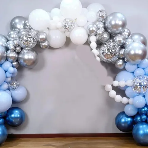 Miniatura 3 de Jobkoo Globos Azules y Blancos, 60 Pzs Globos de Látex Pastel Azul Bebé Plateado de 12 Pulgadas con Globos de Confeti Metálico Globos de Graduación