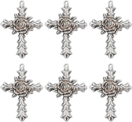 SUNNYCLUE 10 dijes de cruz estilo tibetano, plata antigua, cuentas grandes con flores de rosas, crucifijo vintage para hacer joyas de Pascua,