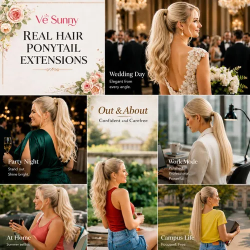 Miniatura 2 de VeSunny - Extensiones de cabello humano remy lacio de 14 a 24 pulgadas, con clip para cola de caballo, juego de extensiones de cabello humano