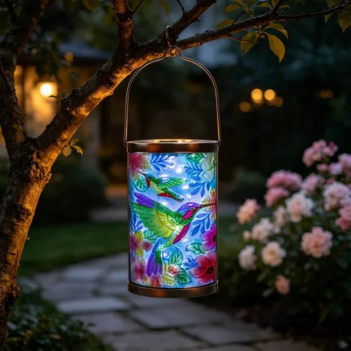 Miniatura 20 de Farol solar para exteriores, impermeable, colgante, luces solares de cristal de pájaro azul, faroles decorativos para exteriores, patio, césped