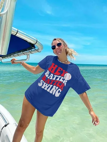 Miniatura 24 de Camiseta de béisbol para mujer, camisetas de béisbol de gran tamaño Hey Batter Batter Swing Graphic Tee Ballpark Gift Tops de manga corta