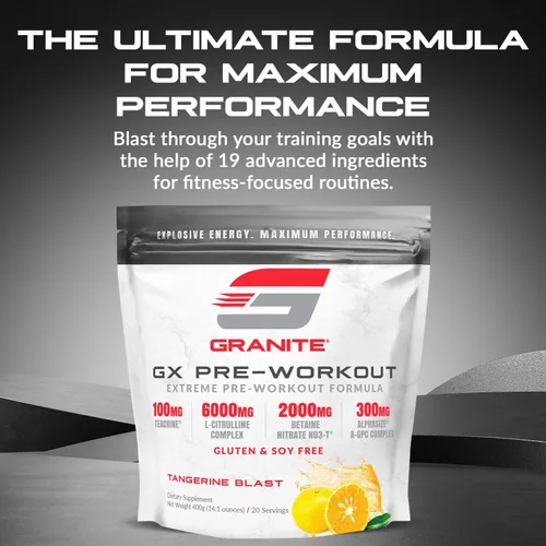 Miniatura 3 de Granite GX - Suplemento preentrenamiento, sabor mandarina explosiva, apoya la concentración, la energía y el rendimiento con teacrina, L-citrulina