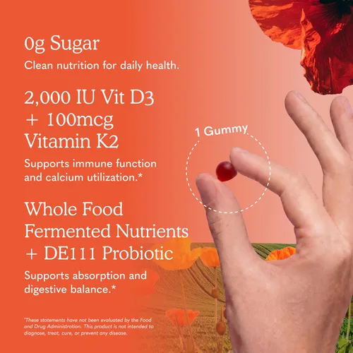 Miniatura 5 de Gomitas Garden of Life Vitamin Code D3 y K2 con prebióticos y probióticos, salud ósea, salud inmunológica y apoyo digestivo, cero azúcar, sin OMG
