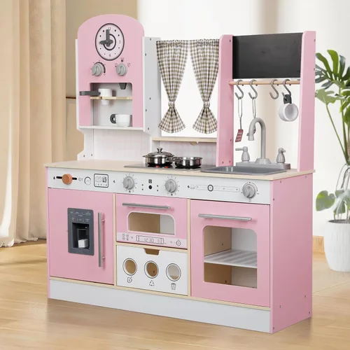Miniatura 7 de EDUBEBO Juego de cocina para niños, cocina de juego de madera, altura ajustable, viene con varios accesorios de cocina, juguete de juego de rol Rosa