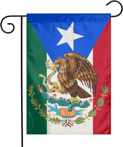 Bandera mexicana de mitad de México, mitad de Puerto Rico, lino mexicano puertorriqueño, tela de arpillera, tela de lino, bandera de jardín, Blanco7