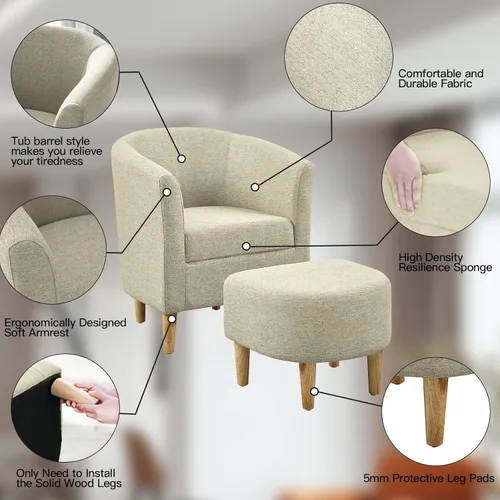 Miniatura 6 de DAZONE Silla de acento, silla barril con otomano, cómoda con reposabrazos, juego de reposapiés estilo mediados del siglo XX, sillas de sala cómodas