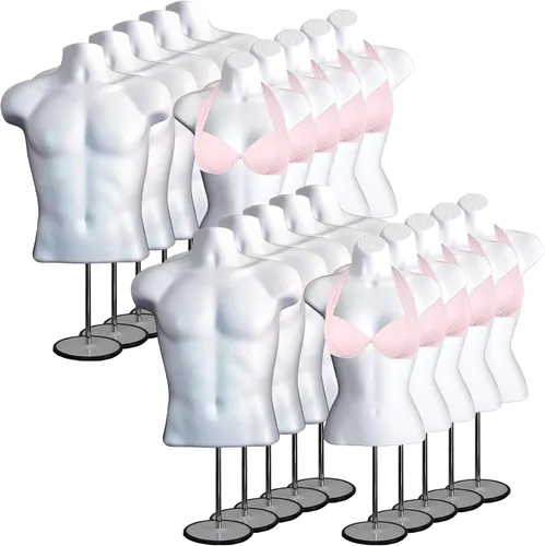 Miniatura 21 de Torso de maniquí masculino y femenino con soporte de metal, cuerpo hueco en la espalda, forma de vestido apilable para exhibición de camisetas, Gris