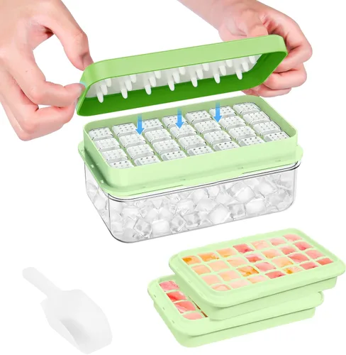Miniatura 16 de Bandeja para cubitos de hielo con tapa y contenedor, 28 moldes para cubitos de hielo, bandejas de hielo para congelador, molde de bandeja