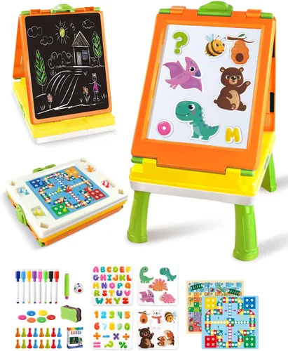 Miniatura 8 de Elovien Caballete para niños, caballete de arte de doble cara 4 en 1 con pizarra y pizarra blanca magnética, caballete de mesa plegable para niños