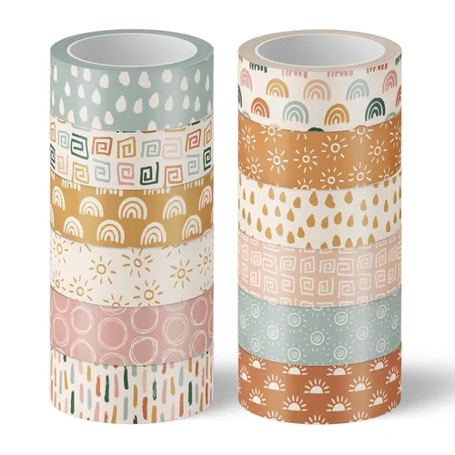 AnyDesign 12 rollos de cintas Washi retro bohemias, vintage, arco iris, sol, lluvia, Washi, cinta adhesiva decorativa dibujada a mano para álbumes