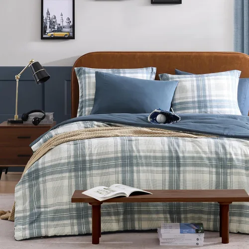 Miniatura 2 de AMBERSPACE Juego de edredón tamaño matrimonial, juego de ropa de cama a cuadros azul gris de 7 piezas para niños, niñas y adolescentes, juego