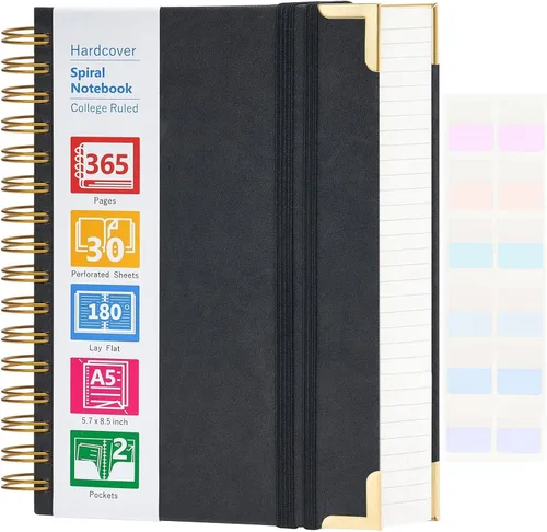 Miniatura 9 de Cuaderno de espiral, cuaderno de cuero de tapa dura de 365 páginas, diario encuadernado de gran tamaño A5 para mujeres y hombres, cuadernos rayados