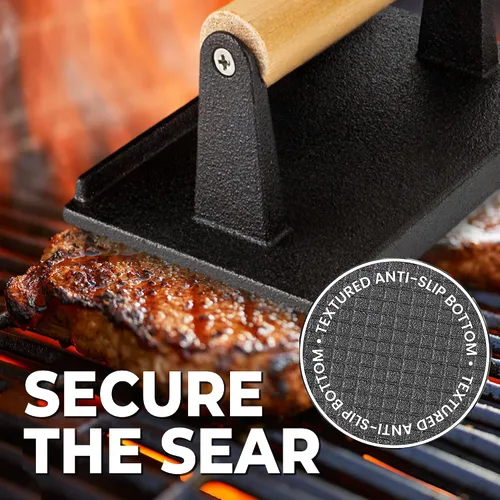 Miniatura 3 de Prensa para parrilla de hierro fundido (juego de 2) – Prensa de plancha de 2.6 libras con mango de madera de tacto frío – Pre-sazonada para carnes