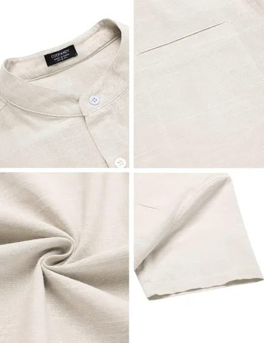 Miniatura 4 de COOFANDY Camisa de playa con cuello de banda para hombre, de algodón, lino, casual, con botones, manga corta