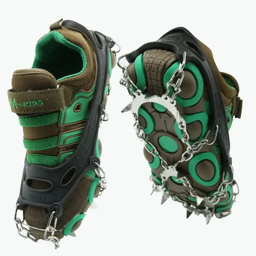 Miniatura 9 de Tacos de hielo para niños, crampones para niños, botas y zapatos de senderismo para niños, tacos de tracción antideslizantes de acero inoxidable