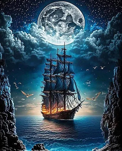 NEGHER Kits de pintura de diamantes de paisaje 5D para adultos principiantes, DIY luna de barco de vapor, taladro redondo completo, kits de arte de