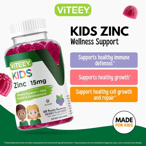 Miniatura 3 de Viteey - Gomitas de zinc para niños, 15 mg, sabrosas gomitas masticables con sabor a bayas Immune Support - Powerful Natural Antioxidant, Kids