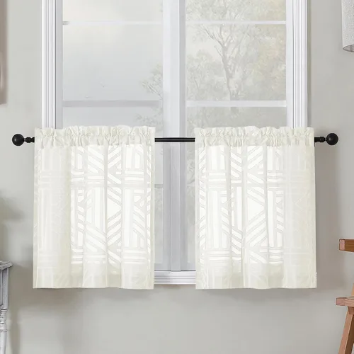 Miniatura 11 de Simplebrand Cortinas traslúcidas negras de cocina de 24 pulgadas de largo, 2 paneles, filtrado de luz, geométrico jacquard con textura, cortinas