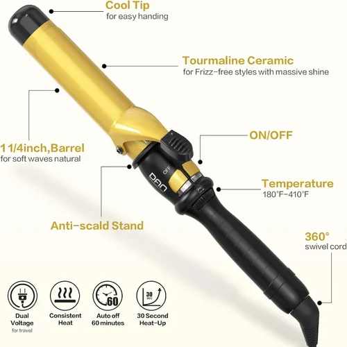 Miniatura 6 de DAN Technology Rizador de pelo de 1 1/4 pulgadas, 1.260 in de cerámica, turmalina, para todo tipo de cabello, rizador de pelo de doble voltaje