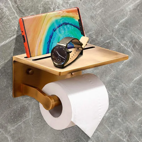 Miniatura 10 de Soporte de papel higiénico – Soporte de papel higiénico de aluminio de doble rollo con estante para teléfono móvil para baño, autoadhesivo 3M, sin