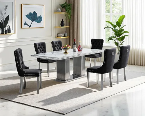 Miniatura 21 de Juego de mesa de comedor de mármol para 4, mesa de cocina rectangular de mármol negro de 68 pulgadas con base en H de acero inoxidable dorado, juego